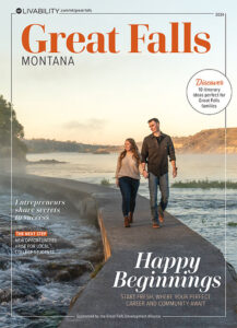 Image of the magazine cover Great Falls Montana. It features a man and woman walking hand in hand along the River's Edge Trail in Great Falls, MT.
